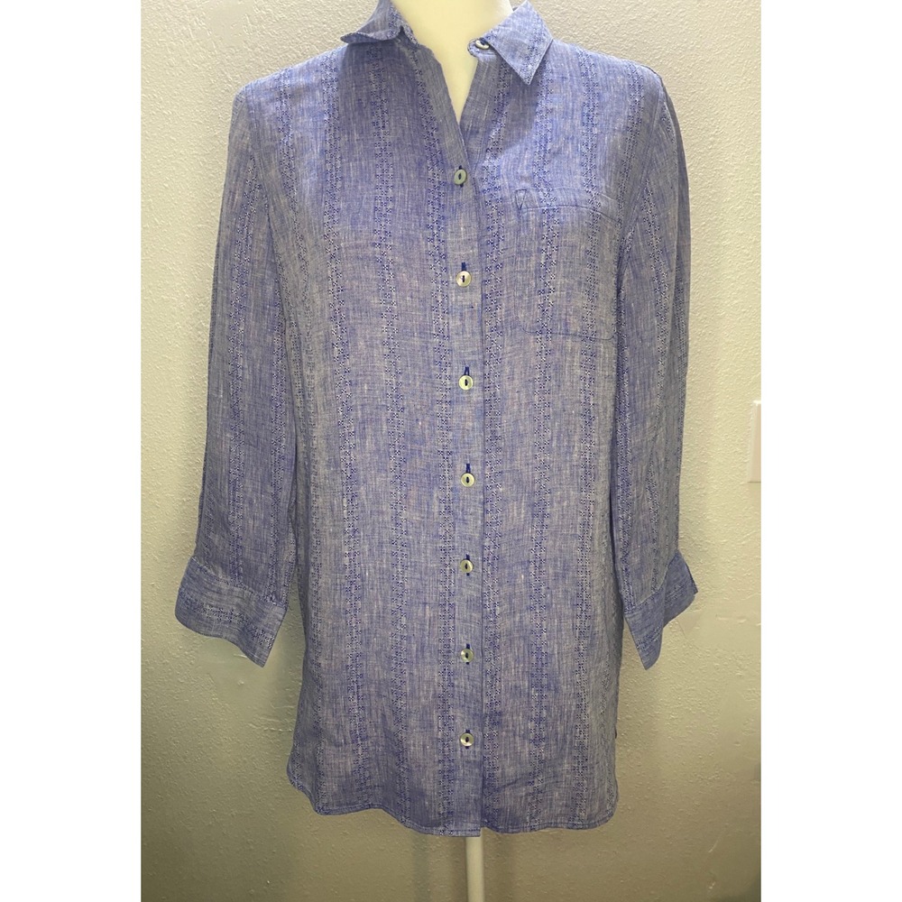 Chico's Tunic Women 0.5/Small Blue Linen Blend Stripe 3/4 Sleeve Lightweight